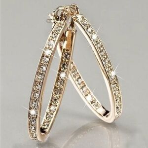 14K Gold Plated Hoop Earrings Inlaid with Shiny Zirconia, Elegant Large Roun NWT